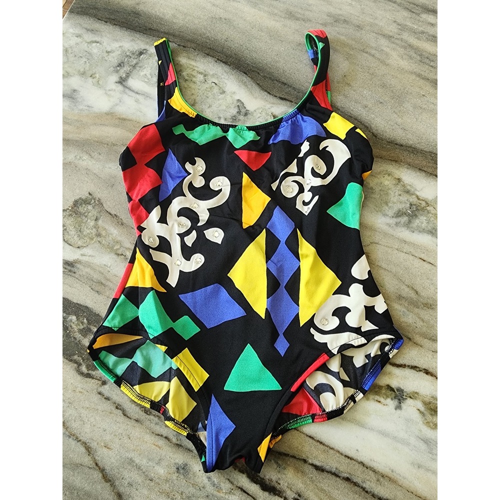 Vintage 80s Roxanne Geometric Pop Art One Piece Swimsuit Rhinestone Multicolor